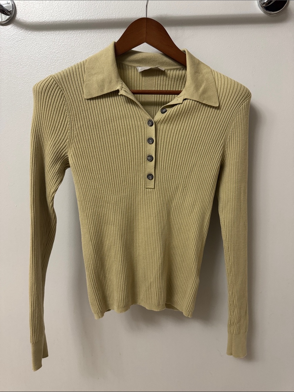 Everlane Ribbed Long-Sleeve Polo in Light Olive